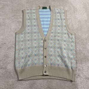 VTG IZOD Sweater Vest Mens L Tan Blue Argyle Knit Preppy Academia Heritage